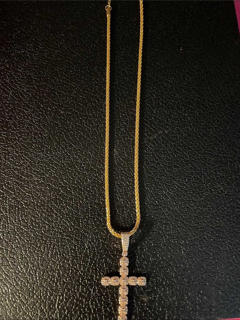 Gold Tone Cross Pendant Necklace with Clear Stones - Women Jewelry